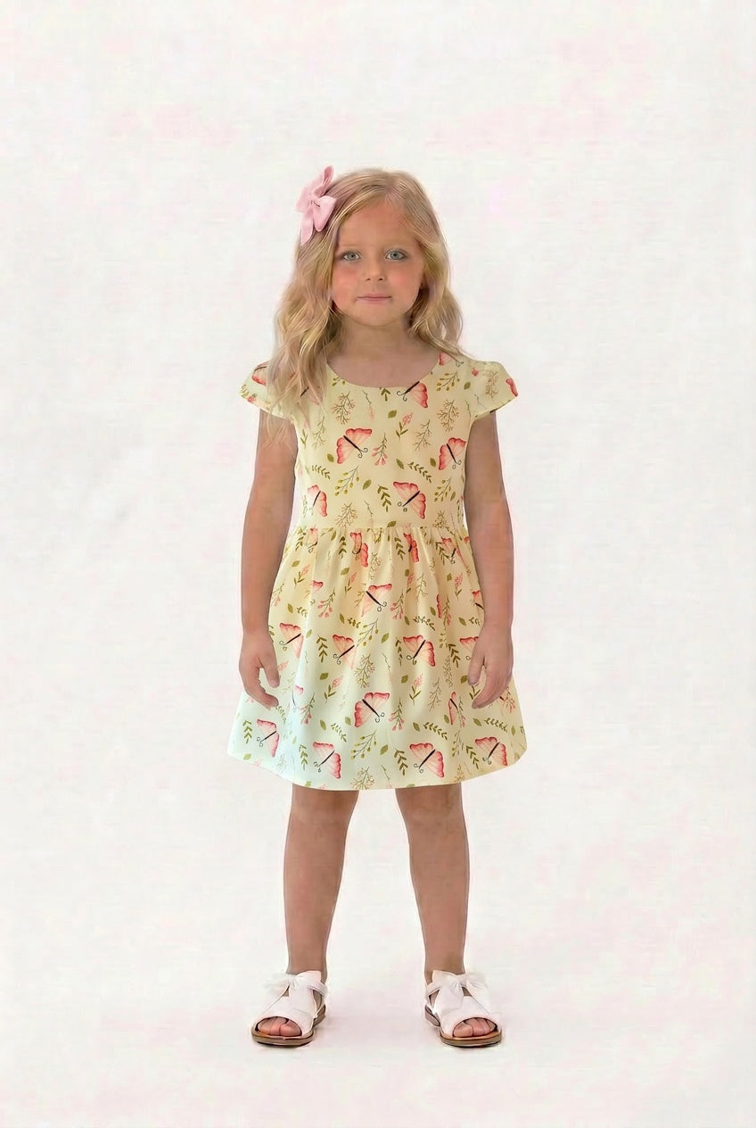 Girls pink butterfly print summer dress with full skirt