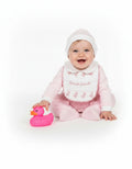 Nursery Time girls pink romper set with Quack Quack bib