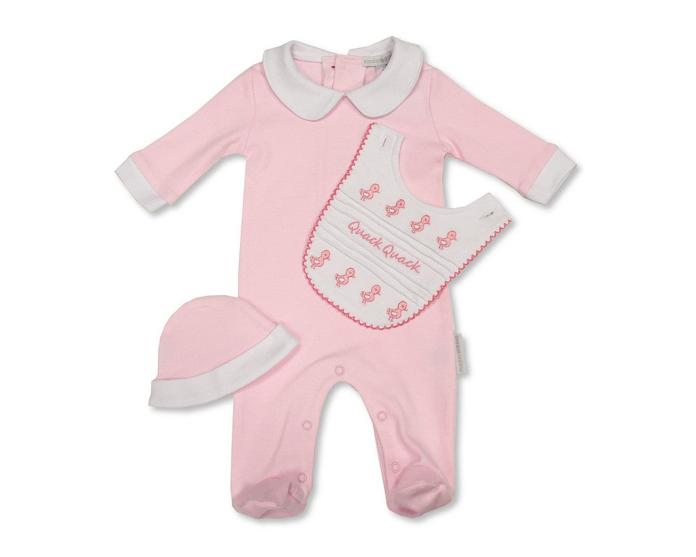 Baby girl romper with removable Quack Quack bib