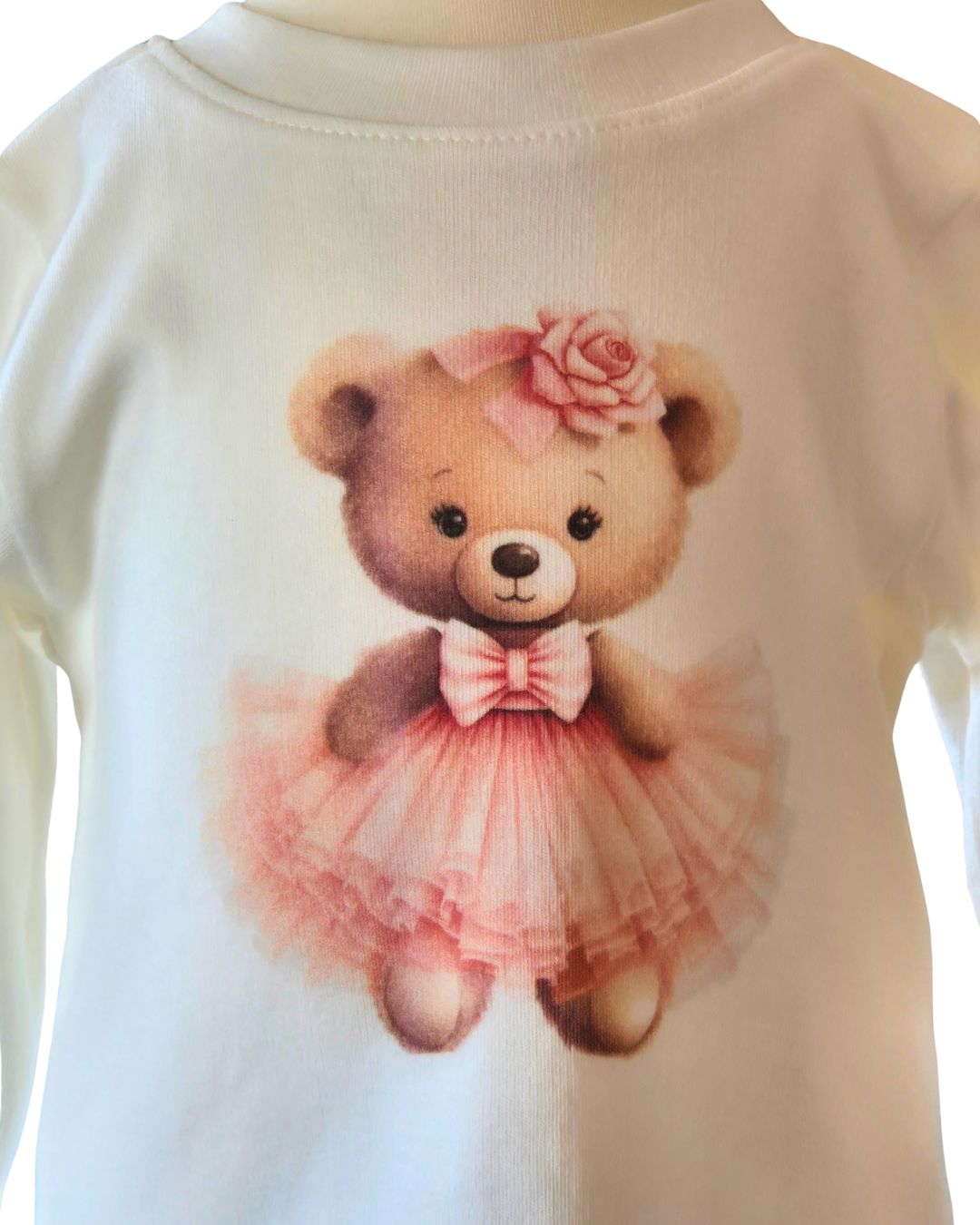 Girls cream teddy bear long sleeve top with pink dress