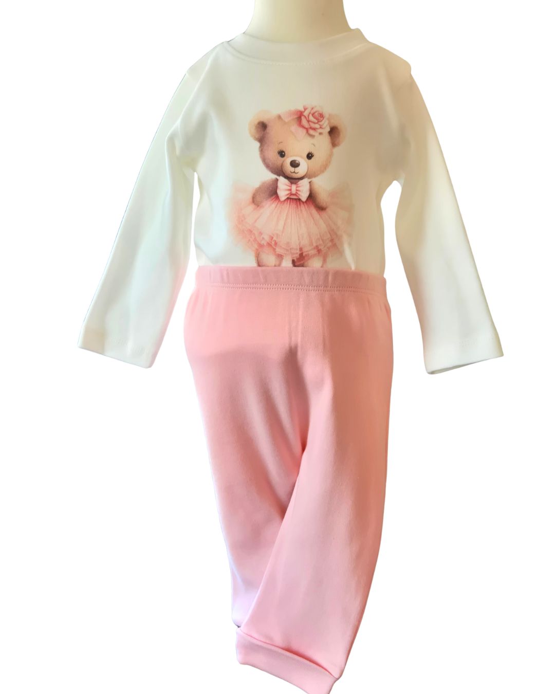 Baby girls cream top pink trousers and lace jacket set