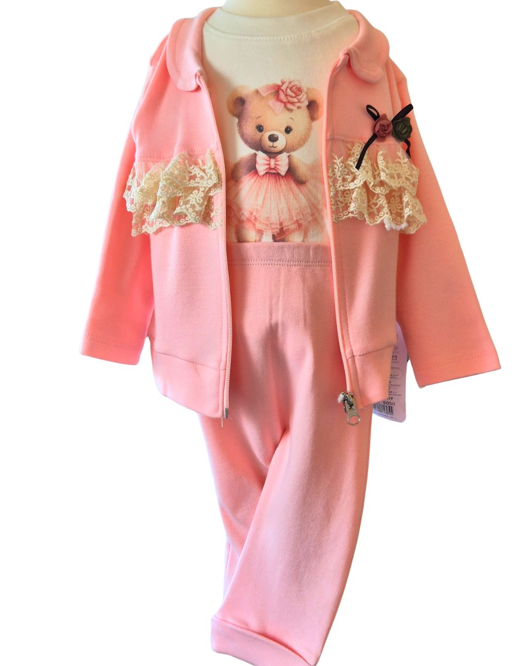 Baby girls pink teddy bear 3 piece outfit