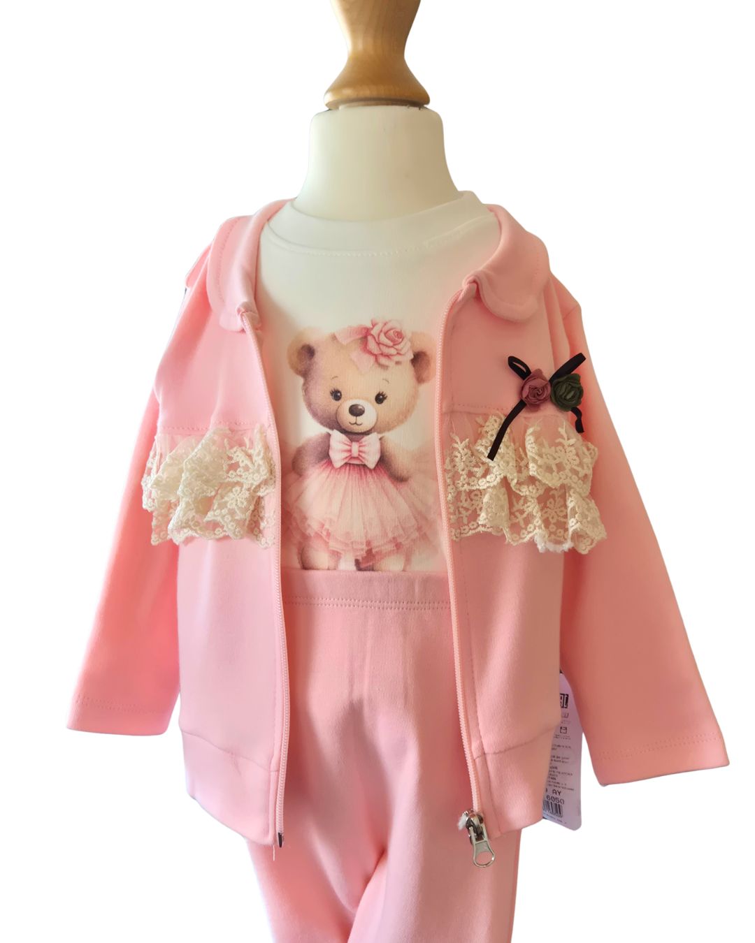 Girls teddy bear top and pink trousers 3 piece outfit