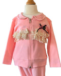Girls pink jacket with cream lace and rosebud detail