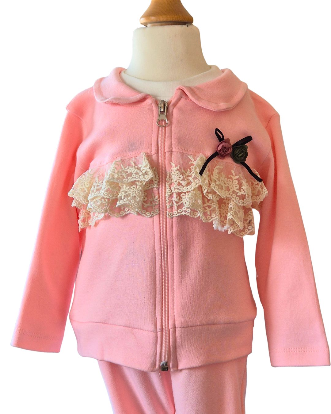 Girls pink jacket with cream lace and rosebud detail