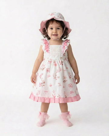 Girls pink floral dress with sunhat