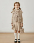 Girls mink beige faux fur gilet set with pleated skirt and handbag
