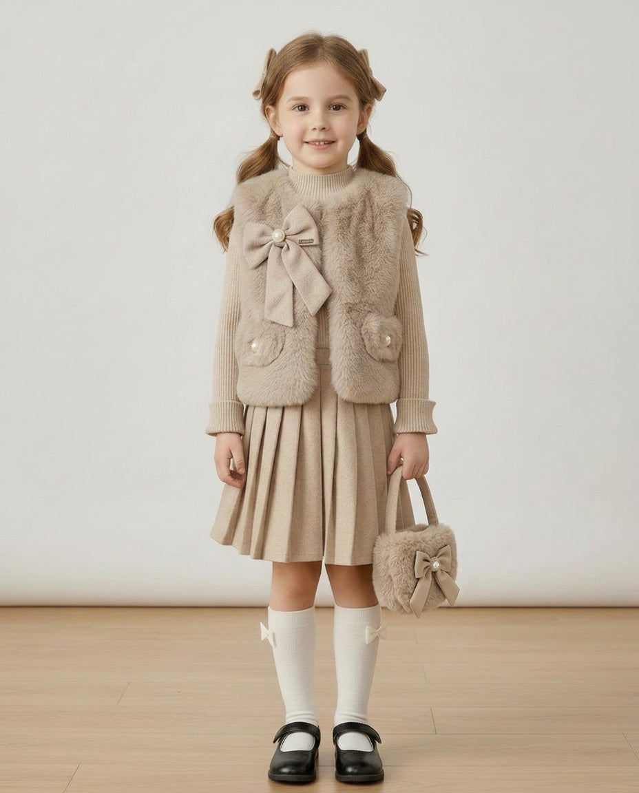 Girls mink beige faux fur gilet set with pleated skirt and handbag