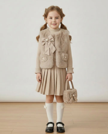 Girls mink beige faux fur gilet set with pleated skirt and handbag