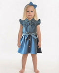 Girls mid-wash denim frill sleeve dress