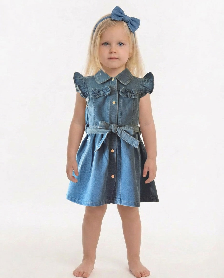 Girls mid-wash denim frill sleeve dress