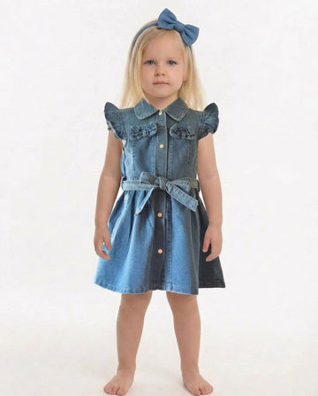 Girls mid-wash denim frill sleeve dress