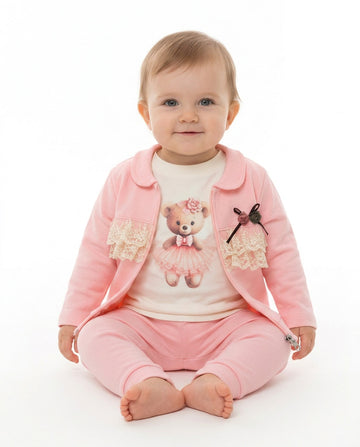Girls pink teddy 3 piece set with lace jacket