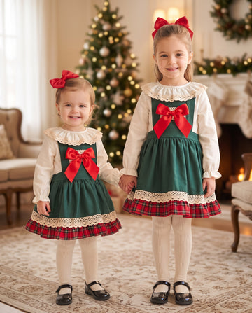 Green Pinafore Dress and Ruffle Frill Blouse Set
