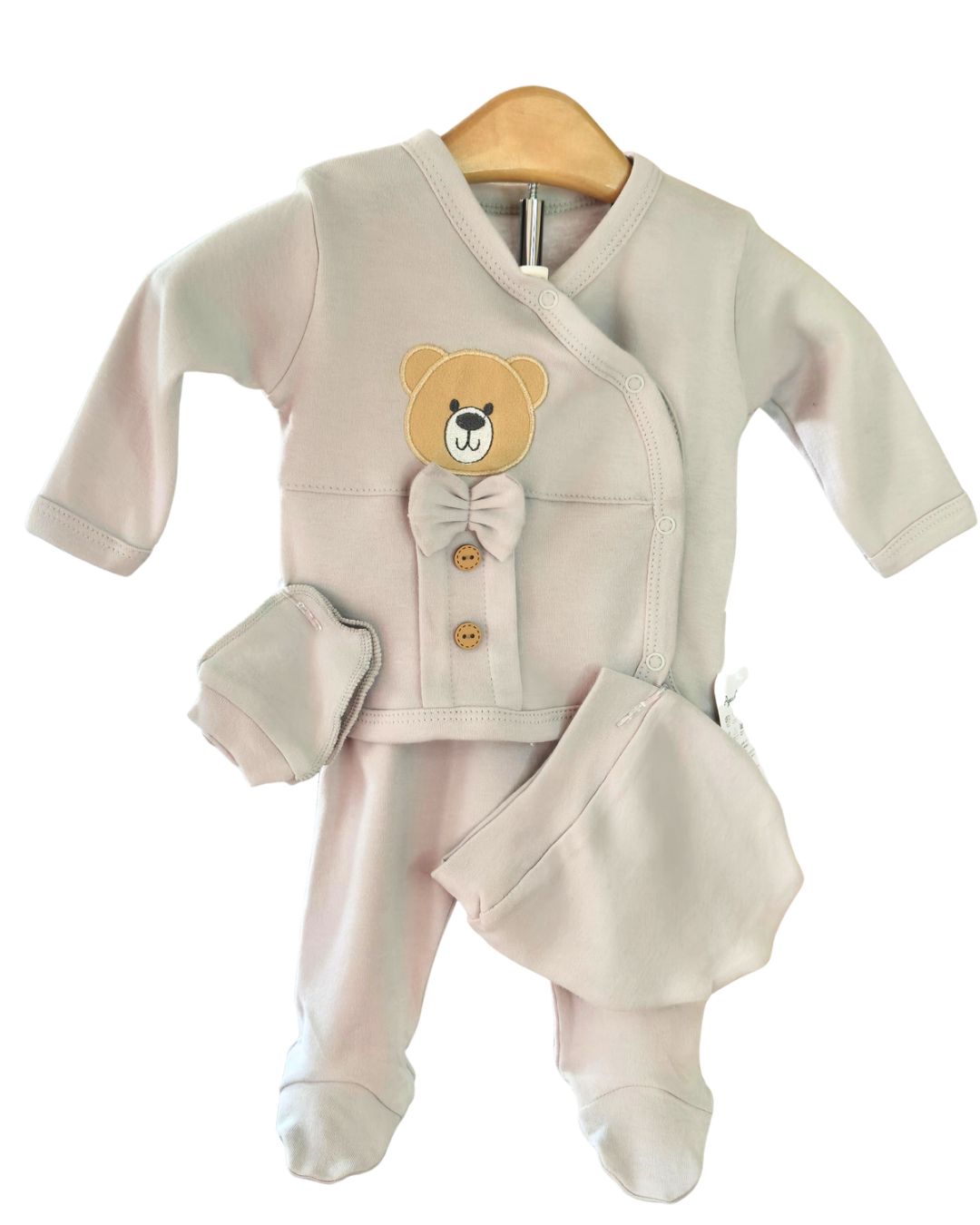 Baby boys dove grey teddy outfit with hat mittens and bib