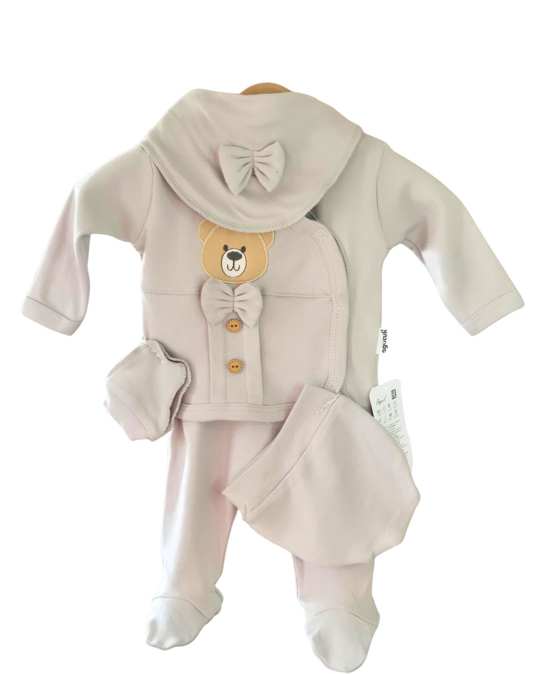 Dove grey baby boys coming home outfit with teddy bear