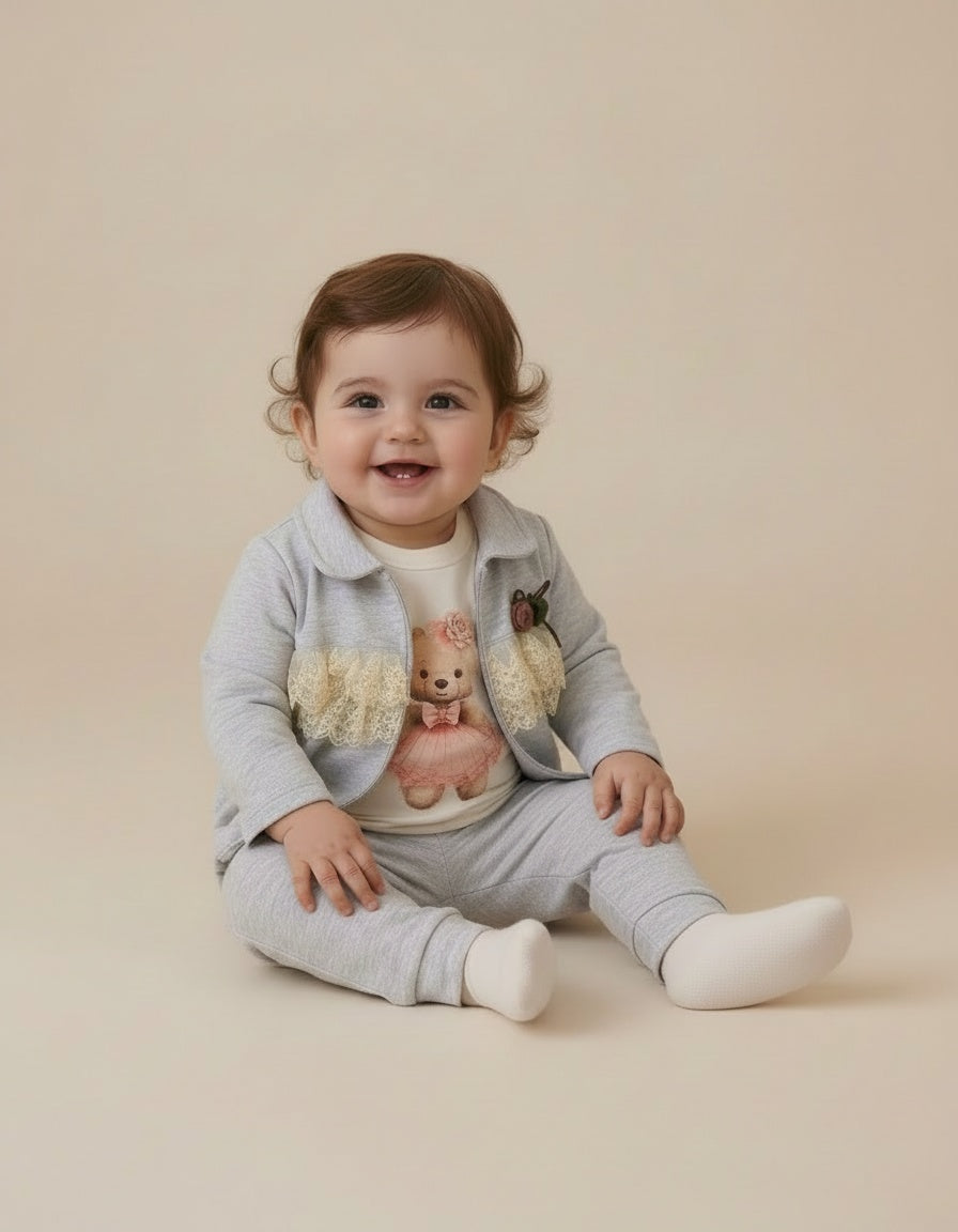 Girls grey teddy 3 piece set with lace jacket and trousers