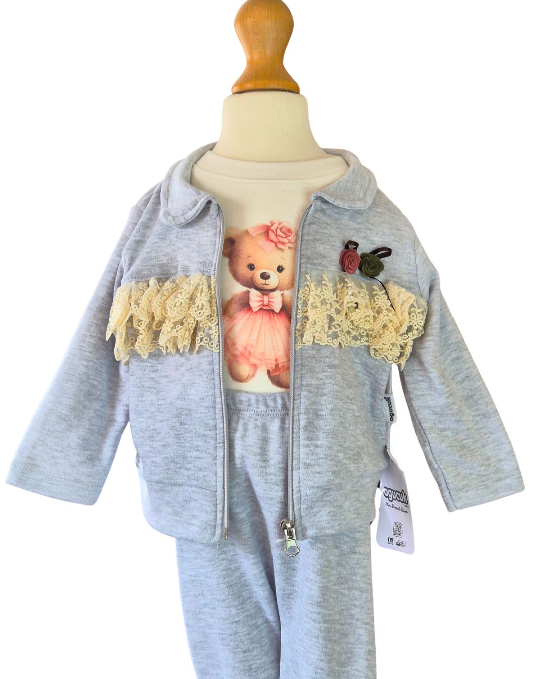 Grey teddy bear outfit for girls with lace detailing