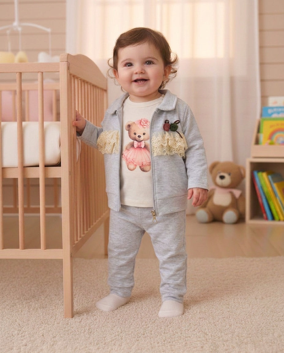 Girls grey teddy 3 piece set with lace jacket and trousers