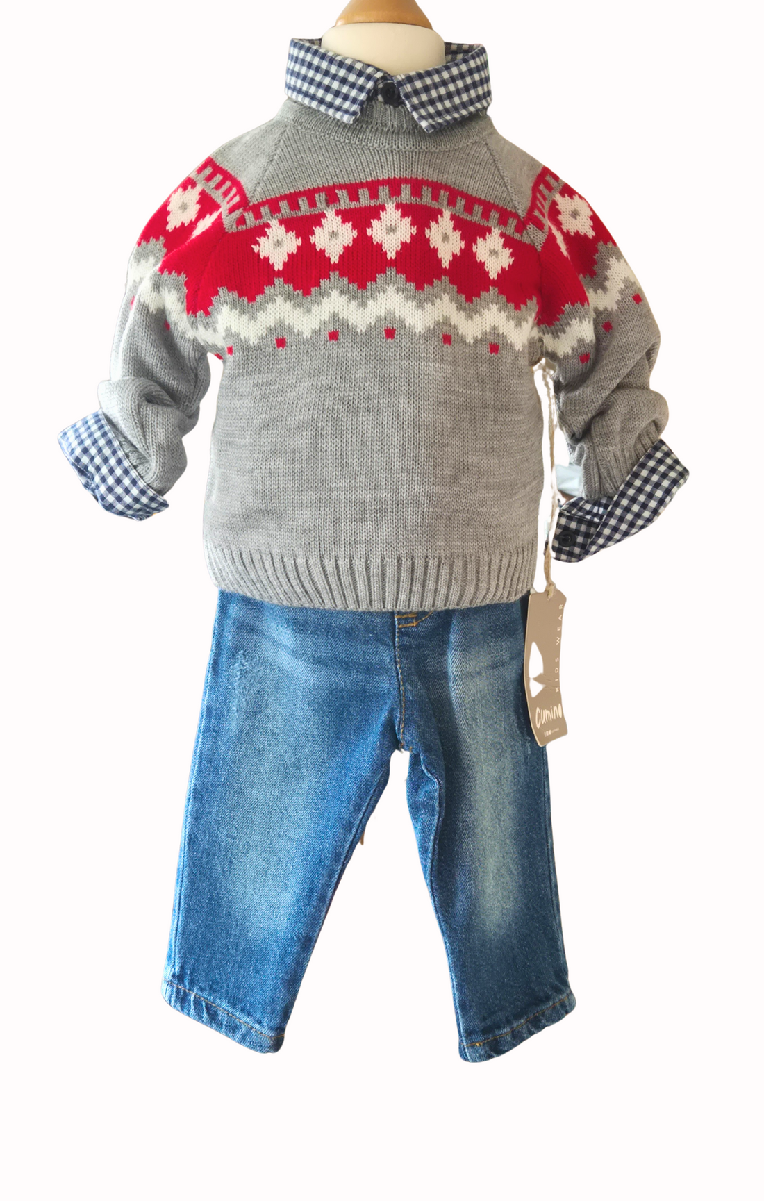 Children's outfit with gray sweater, red and white pattern, blue jeans, and checkered shirt on a mannequin.