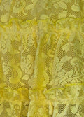Close-up of yellow lace fabric with intricate patterns