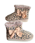 Girls leopard print winter boots with beige ribbon bow