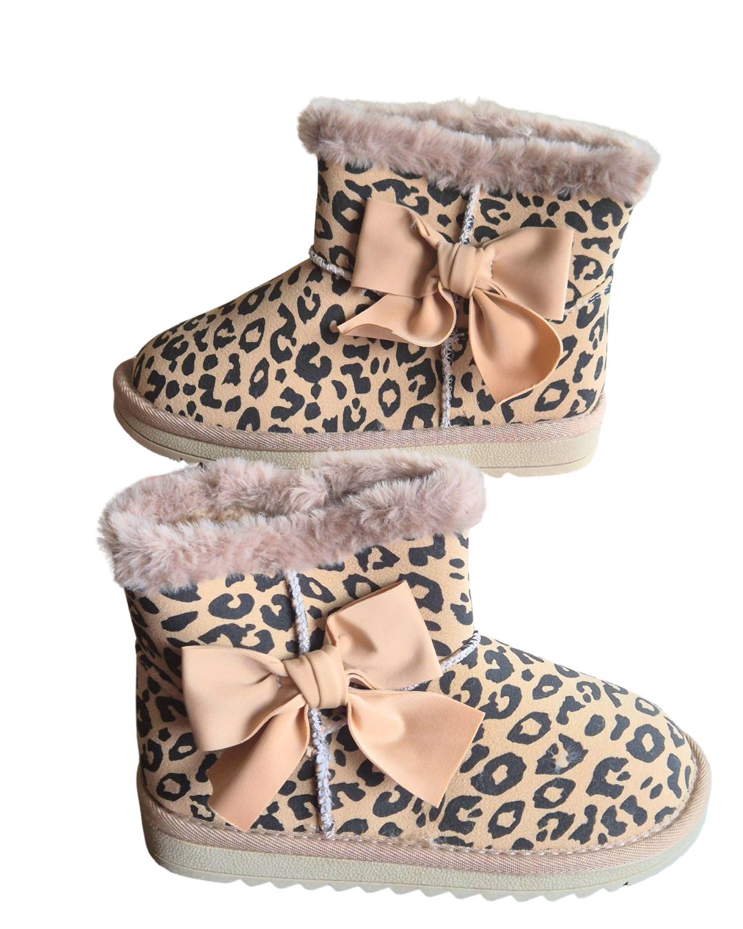 Girls leopard print winter boots with beige ribbon bow