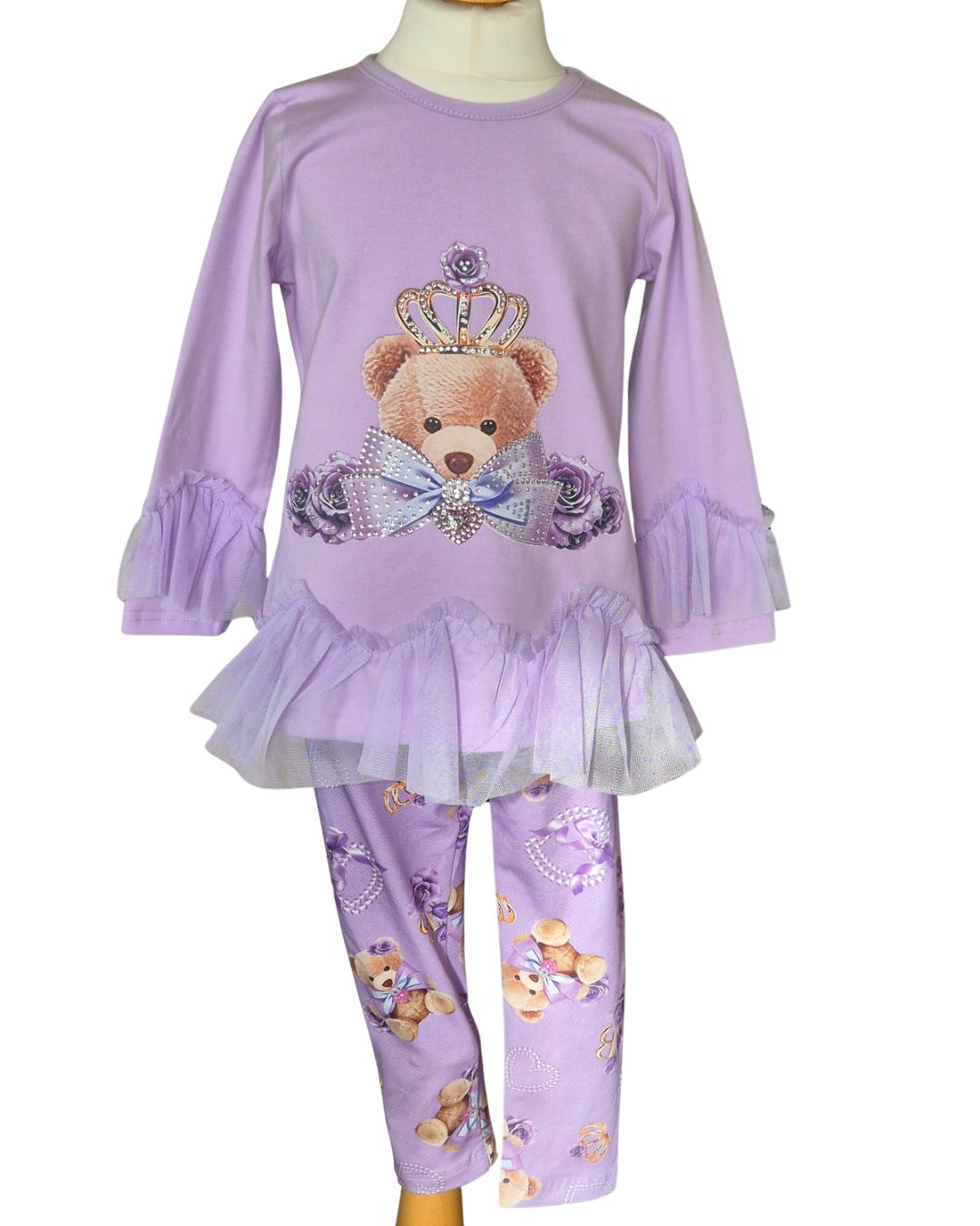 Giorgio Bambini girls deep lilac teddy leggings and frill top set with crystal bow and tulle detailing