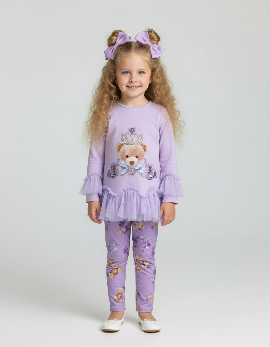 Giorgio Bambini girls deep lilac teddy leggings and frill top set with crystal bow and tulle detailing