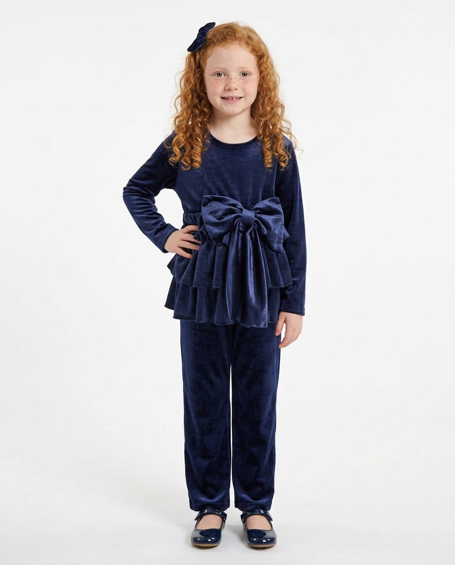 Girls’ midnight blue velour tiered top and leggings set