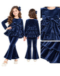 Girls’ midnight blue velour tiered top and leggings set