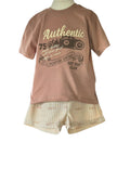 Brown t-shirt with graphic design and striped shorts on a mannequin against a white background