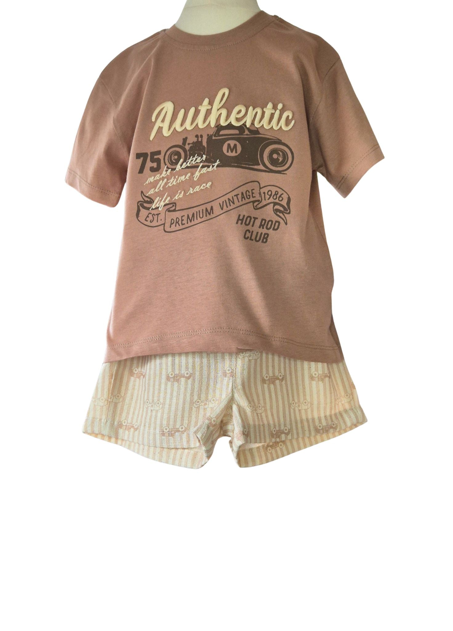 Brown t-shirt with graphic design and striped shorts on a mannequin against a white background