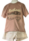 Children's t-shirt with vintage graphic and shorts on a mannequin against a white background