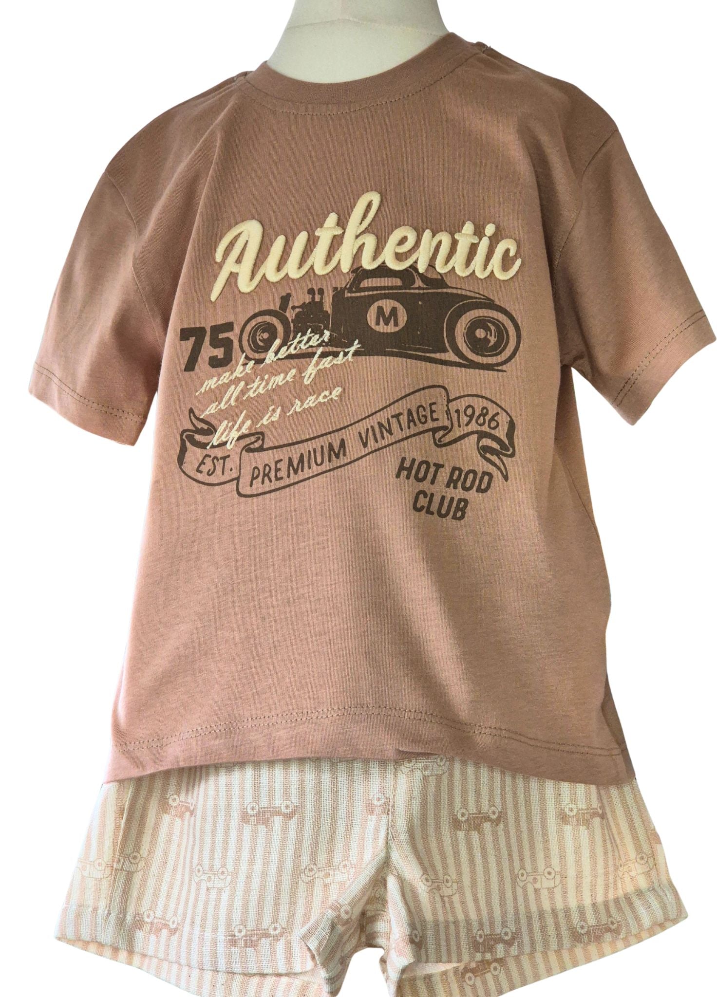 Children's t-shirt with vintage graphic and shorts on a mannequin against a white background