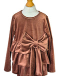 Girls’ mocha party outfit with bow and layered frill hem