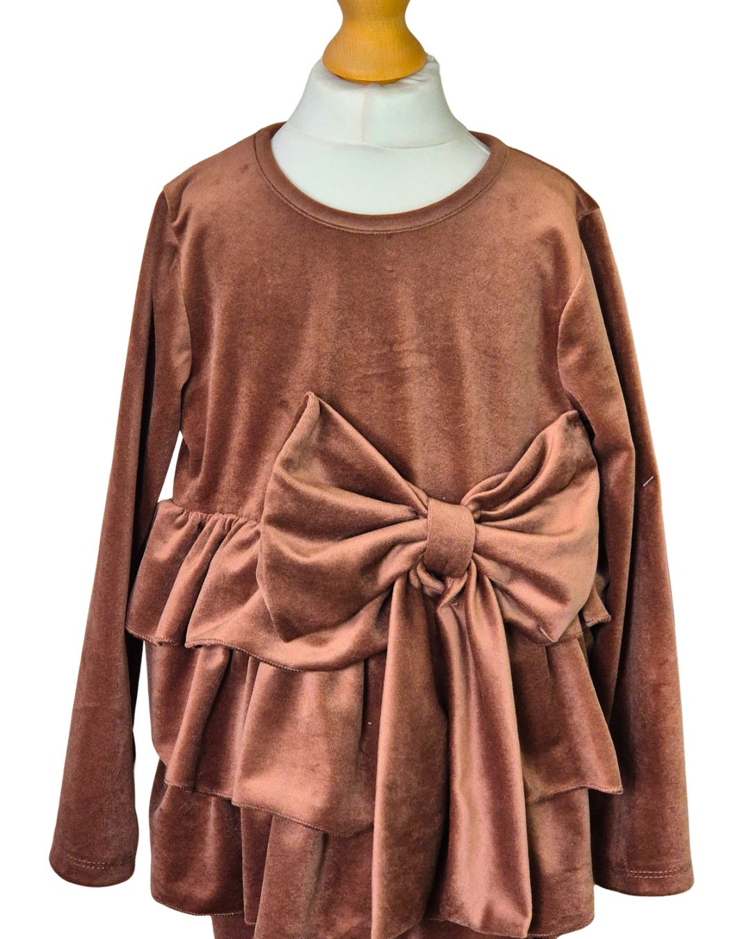Girls’ mocha party outfit with bow and layered frill hem