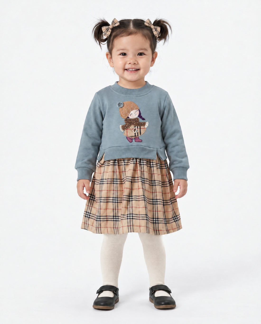 Moonstar baby girls’ duck egg blue doll motif tartan dress