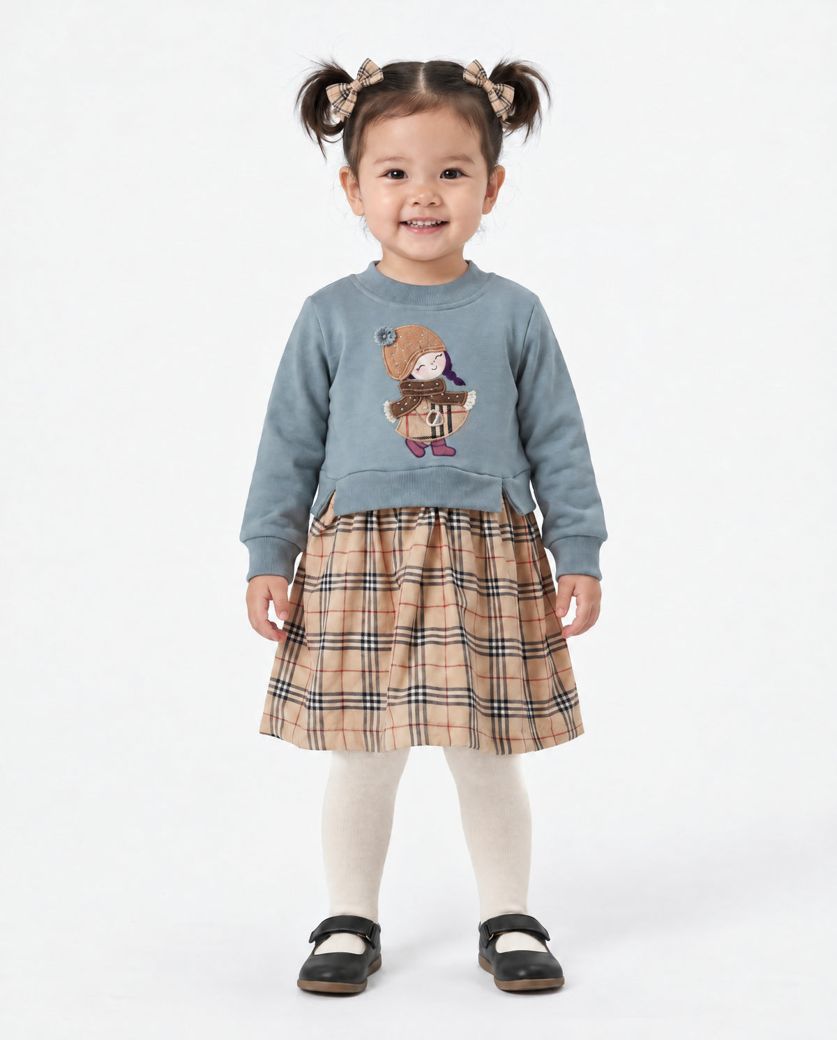 Moonstar baby girls’ duck egg blue doll motif tartan dress