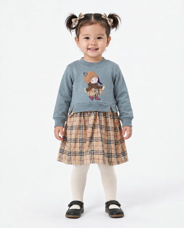 Moonstar baby girls’ duck egg blue doll motif tartan dress