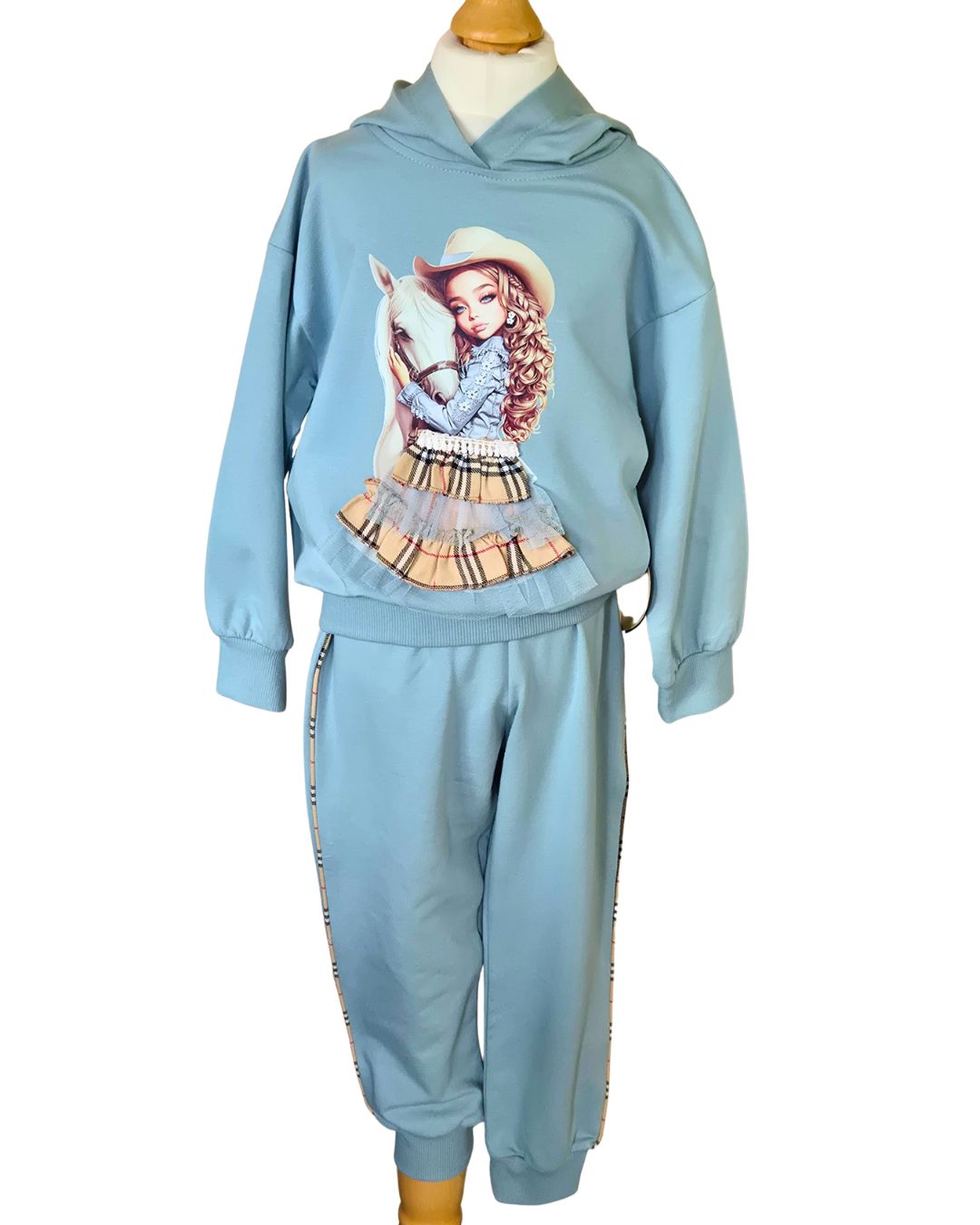 Moonstar girls duck egg blue cowgirl hooded tracksuit set with 3D skirt detail
