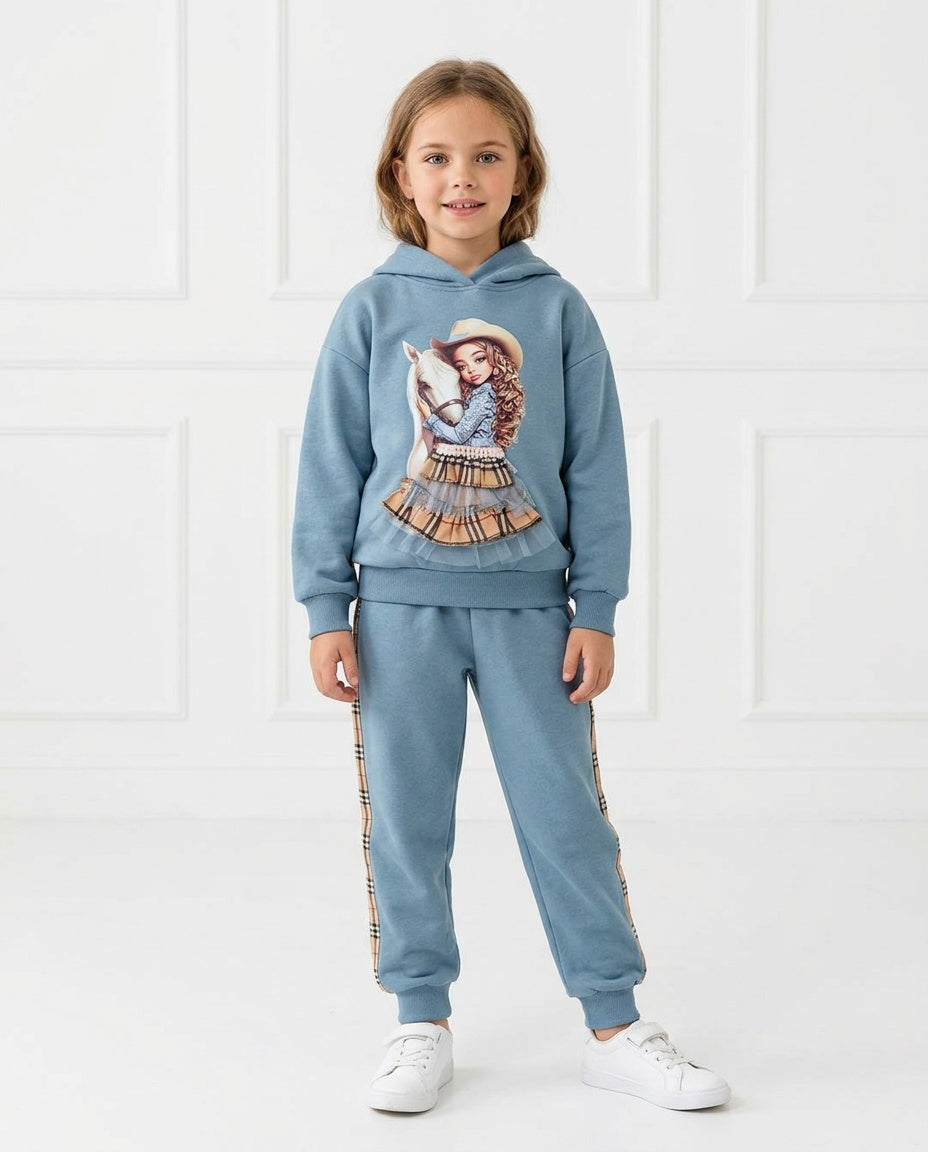 Moonstar girls duck egg blue cowgirl hooded tracksuit set with 3D skirt detail