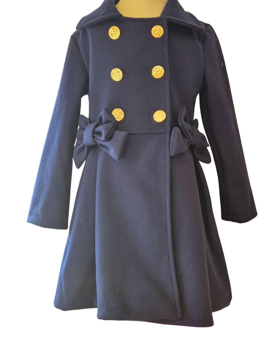 Girls navy blue coat with Peter Pan collar and bows