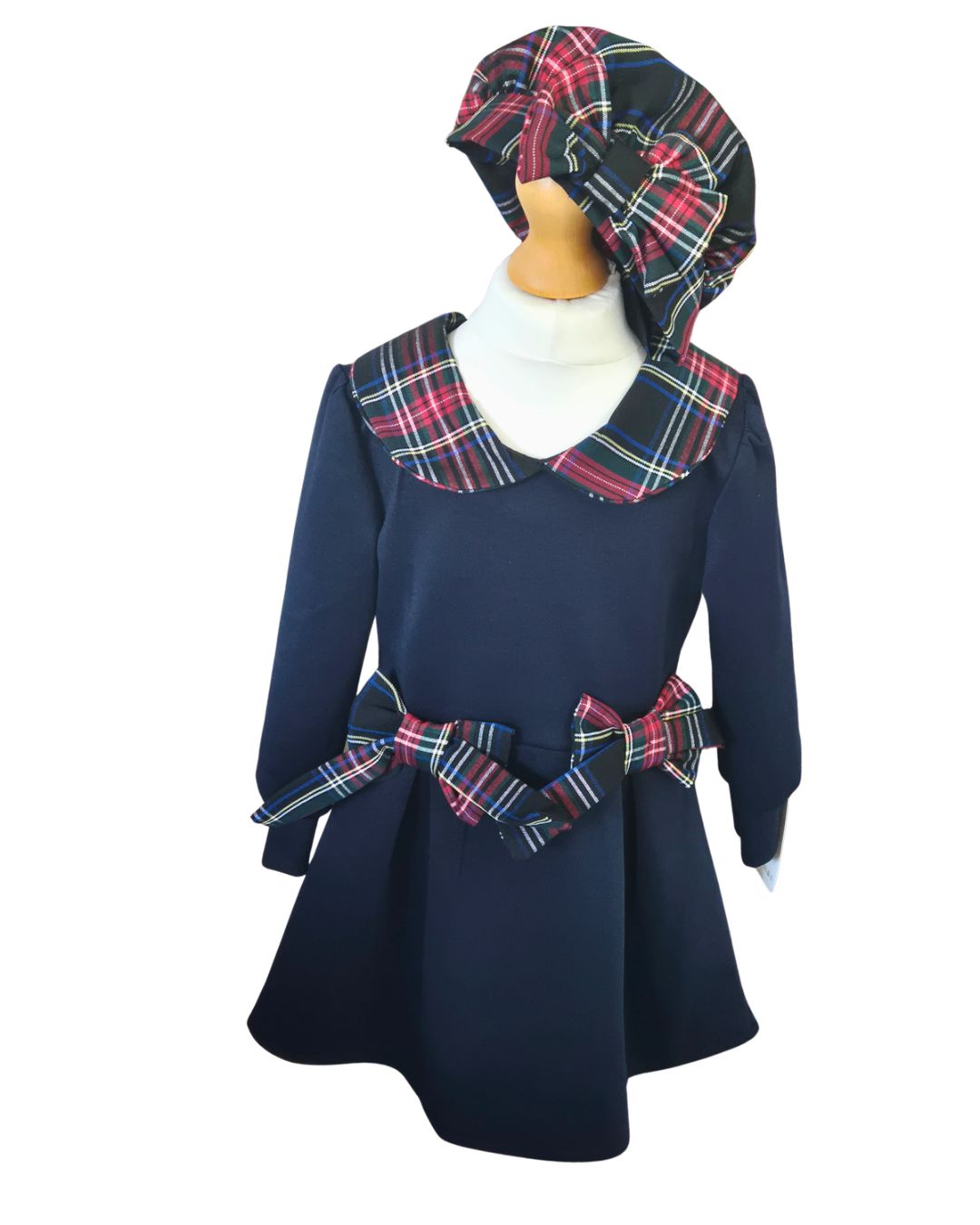 Girls navy tartan dress with matching beret-style hat