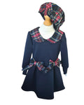 Girls navy tartan dress with matching hat