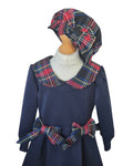 Girls navy festive dress with matching tartan beret