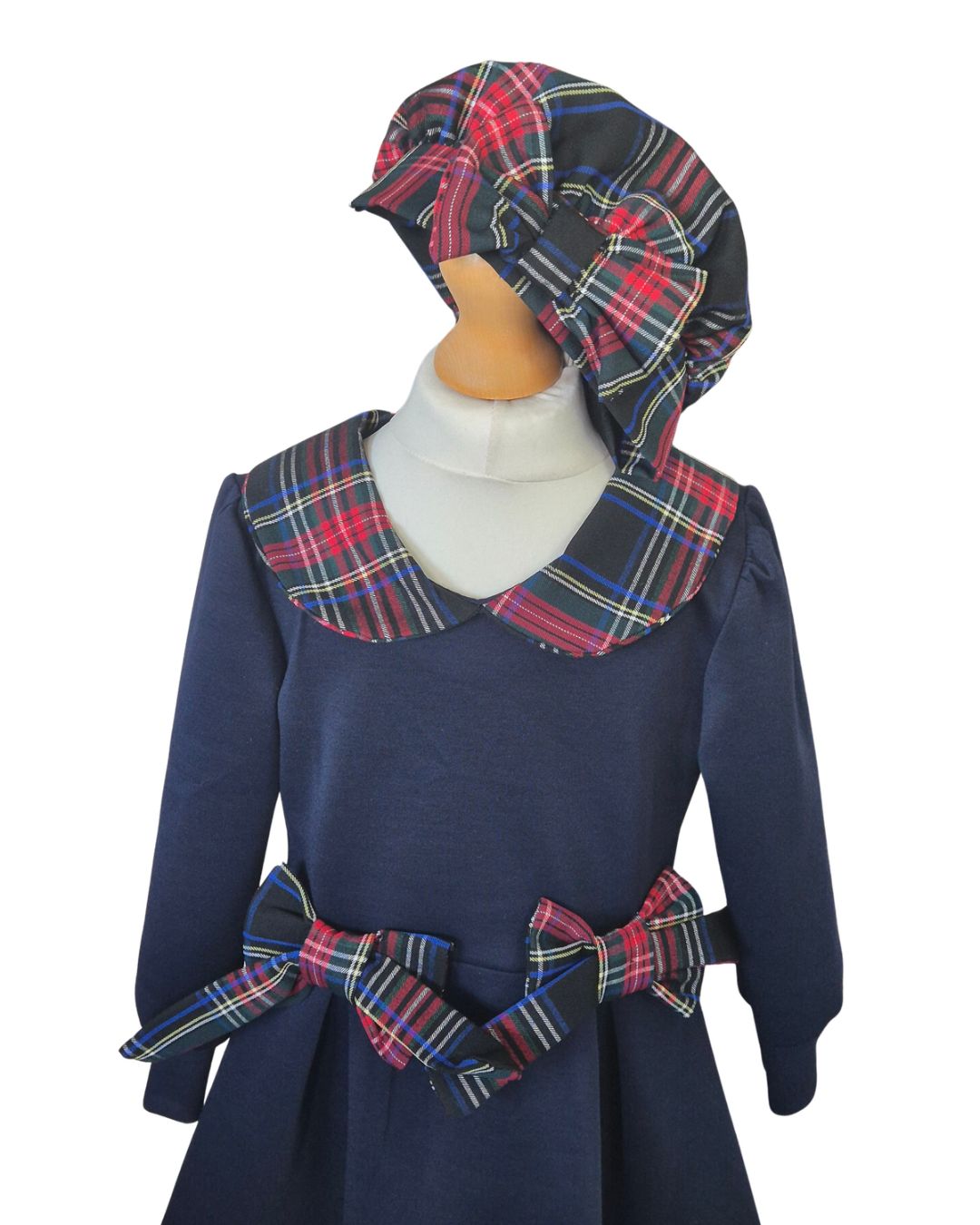 Girls navy festive dress with matching tartan beret