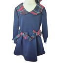 Girls navy dress with tartan collar and kick pleats
