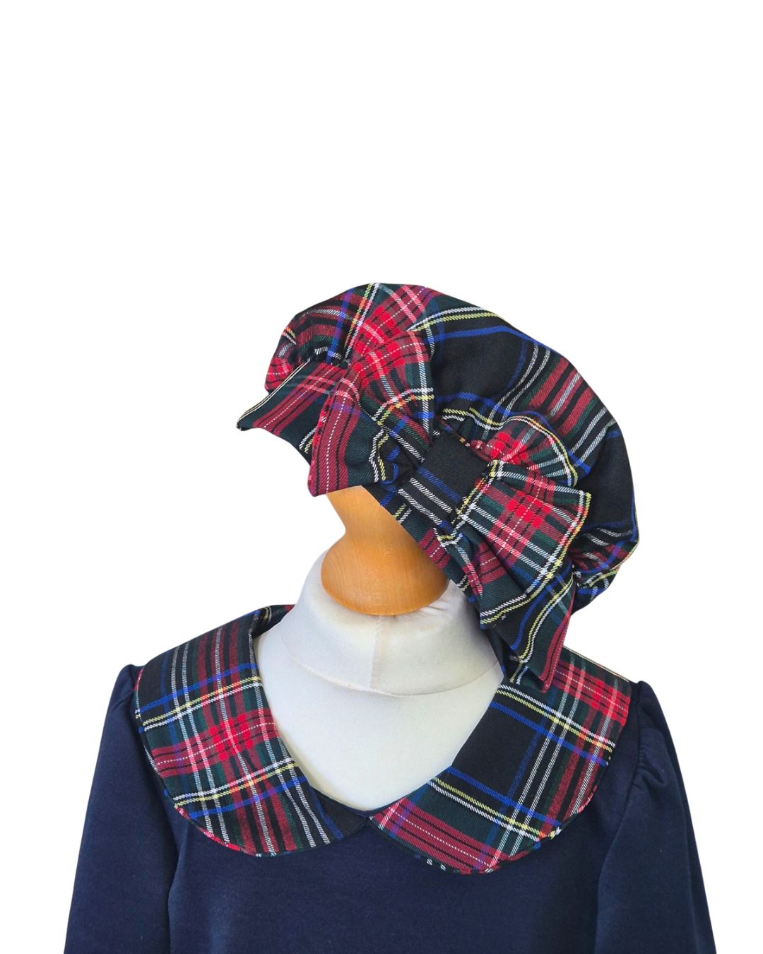 Girls navy festive dress and matching tartan hat
