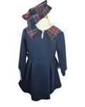 Girls navy dress with tartan collar and kick pleats
